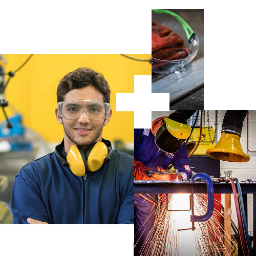 A student in PPE | A person welding | Protective glasses A student in PPE | A person welding | Protective glasses