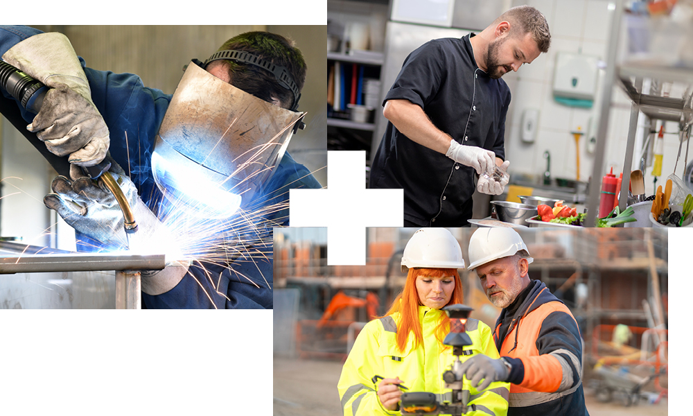 Collage of an apprentice chef, apprentice welder and apprentice civil engineer Collage of an apprentice chef, apprentice welder and apprentice civil engineer