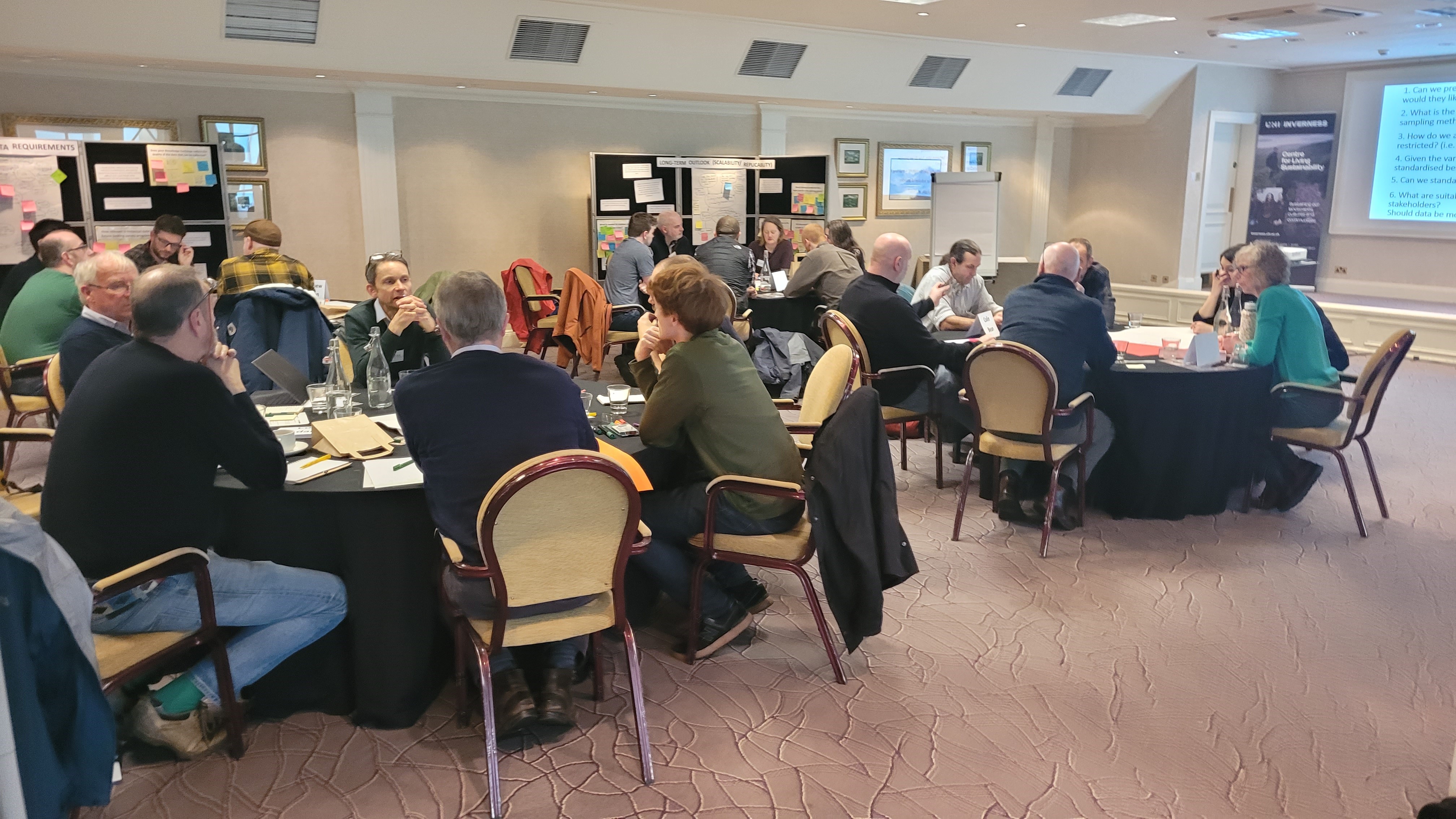 Groups of participants sitting round tables at CREW event