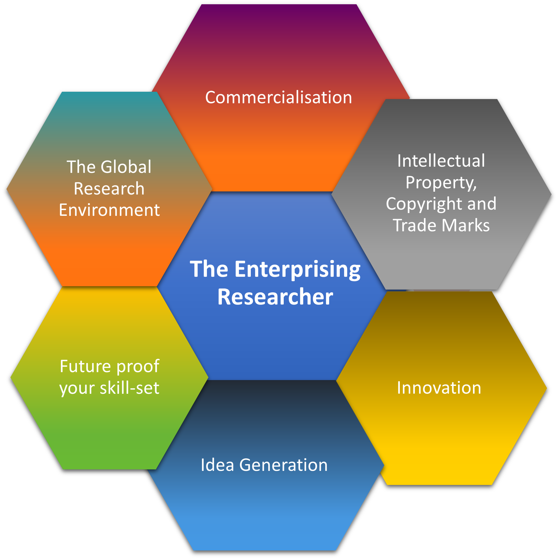 Hexagon shapes detailing the content of the programme