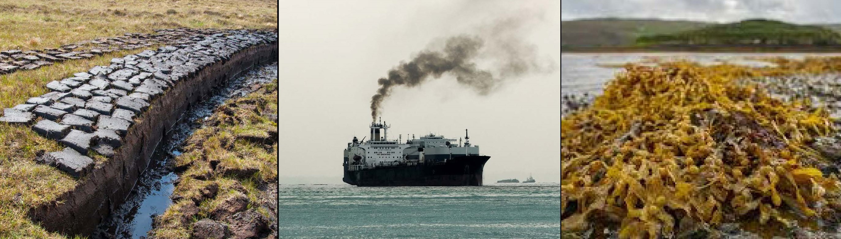 A trio of pictures - a picture of peat, followed by a ship powered by diesel with smoke from the funnel, with a third picture of seaweed