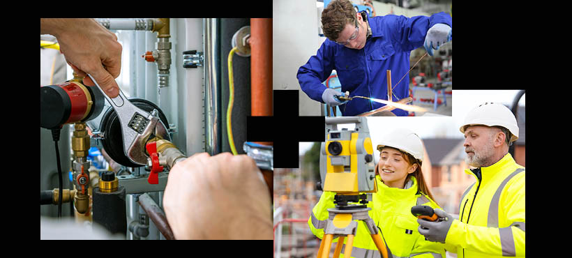 Collage of images. 1. Close up of hands using a spanner to fix pipes. 2. A plumber welding pipes together. 3. A cilvil engineer on site. Collage of images. 1. Close up of hands using a spanner to fix pipes. 2. A plumber welding pipes together. 3. A cilvil engineer on site.